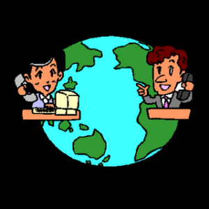 Imagem do planeta Terra e duas pessoas conversando por computador, ilustrando um bate-papo