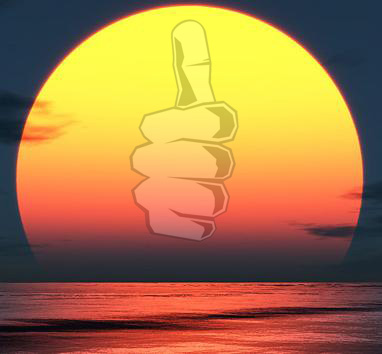 Um pôr-do-sol com o logo do polegar