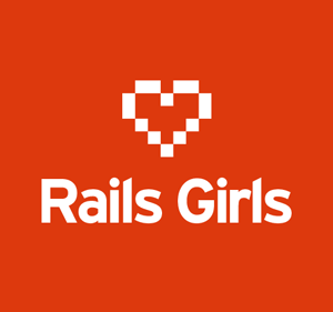 Ícones pixelizados de um coração e um erlenmeyer, com a inscrição 'Rails Girls'