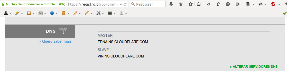 Servidores DNS do CloudFlare cadastrados no registro.br